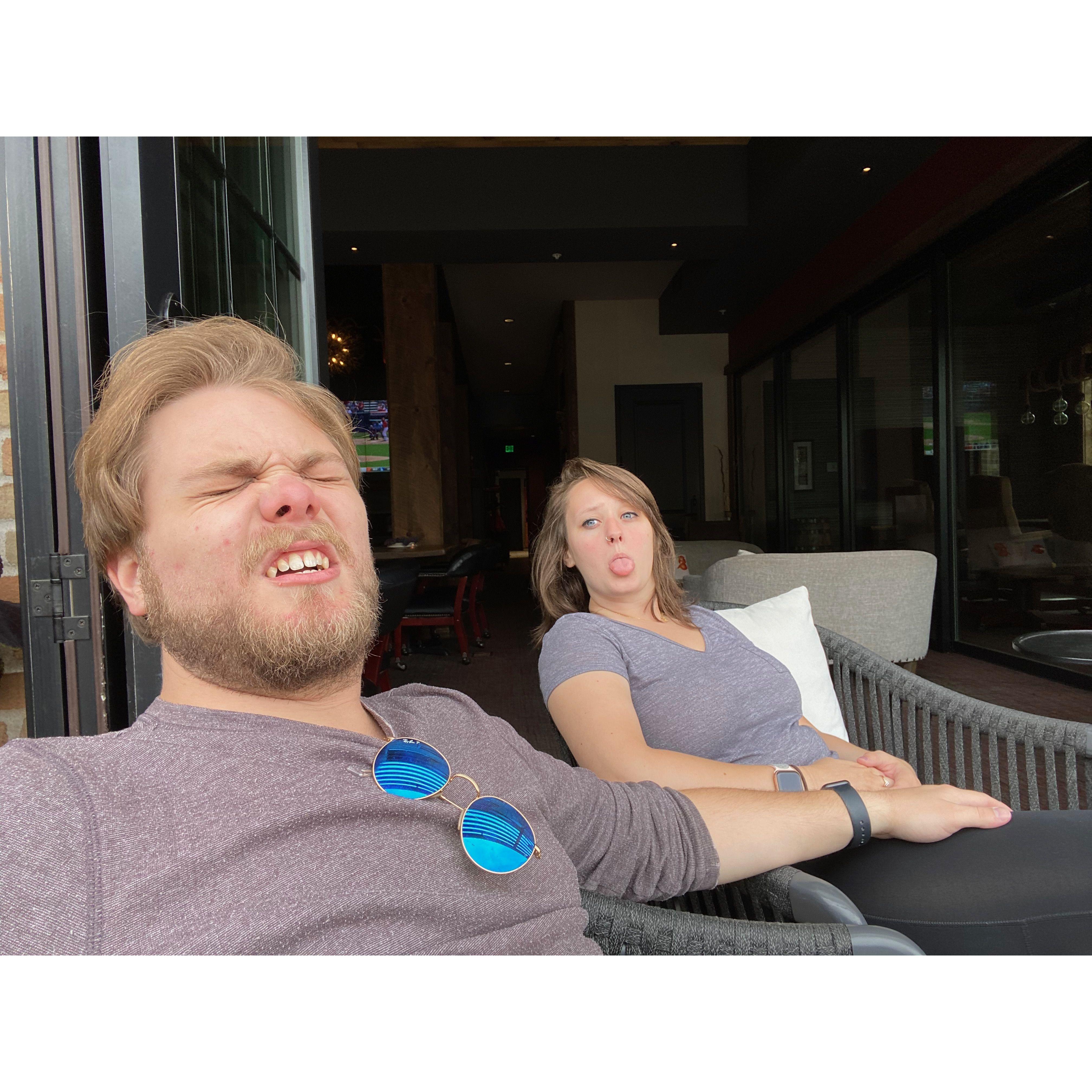 We love making goofy faces at each other and trying to see who will laugh first!