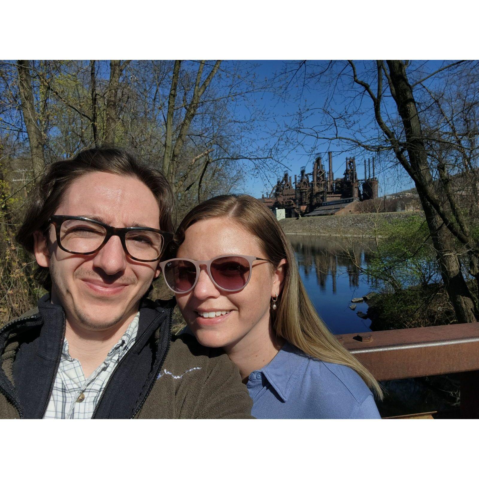 Now settled in Bethlehem, PA, taking a walk along the Lehigh River by the old steel stacks.