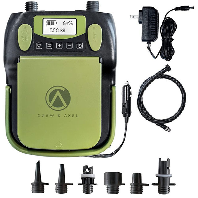 Crew & Axel Rechargable Electric Paddle Board Pump (Wireless) – (16PSI, 12V) Portable Air Compressor Also for Inflatable SUP, Kayaks, Pools, Boats, Stand up Boards - 6000 MAH Battery Green