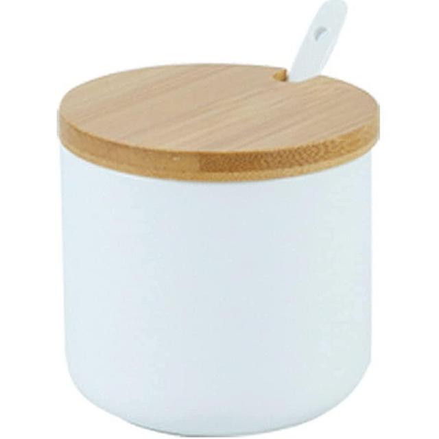 RockTrend Simple Pure Color Ceramic Spice Jar Seasoning Box Condiment Pot Sugar Bowl with Bamboo Lid and Spoon