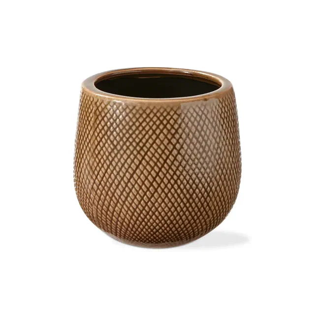 tagltd Cross Hatch Planter Small Taupe Glazed Stoneware, 6.1L x 6.1W x 5.7H inches, Fits up to a 4" drop in pot.