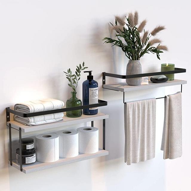 3 Tier Wall Mounted Floating Shelves Set of 2, Rustic Wood Wall Shelf with Metal Frame, Extra Storage Rack for Bathroom, Kitchen, Bedroom with Tissue Rack & Towel Bar - White