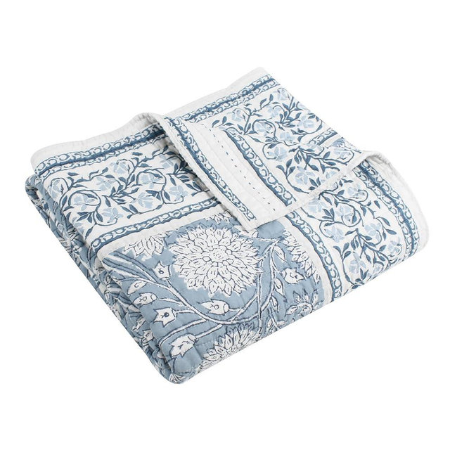 Levtex Home - Adare Blue - Throw - Bordered Floral - Blue, Navy and White - Throw Size 50x60in. - Cotton
