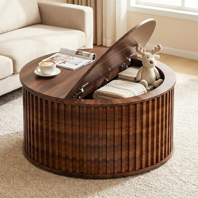 Clyphix Round Coffee Table with Hidden Storage, 35.43" Fluted Center Table for Living Room, Mid Century Modern Table for Small Space, Walnut
