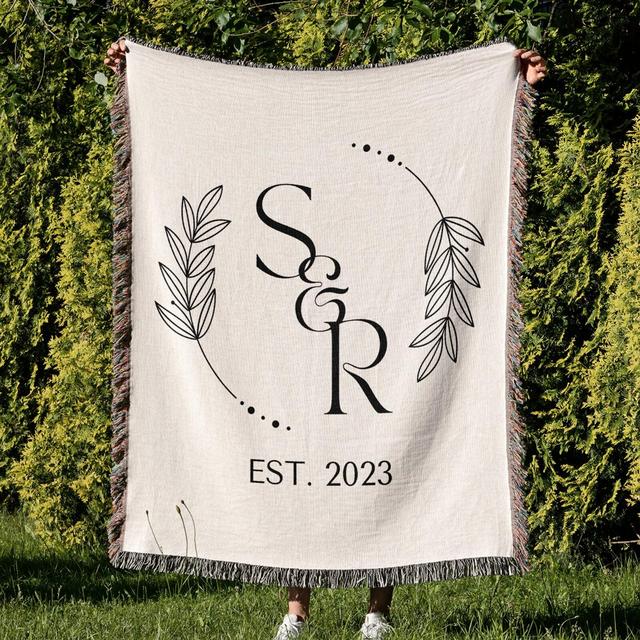 Personalized Couple Monogram Wedding Blanket, Cotton Anniversary Gift, Mr and Mrs Blanket, Custom Name Woven Tapestry, Engagement Gift
