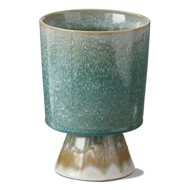 tagltd Pedestal Reactive Glazed Green Planter Small, 5L x 5W x 7H inches, Holds up to a 5" Drop in Pot