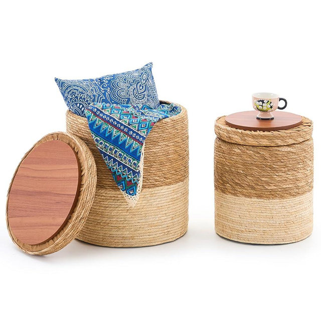 Wimarsbon Storage Pouf Ottoman, Hand Weaving Natural Straw Foot Stool, Bohemian Round Patio Ottomans, Rustic Lounge Pouffe, Outdoor Extra Seat for Garden (Nested Set-White)