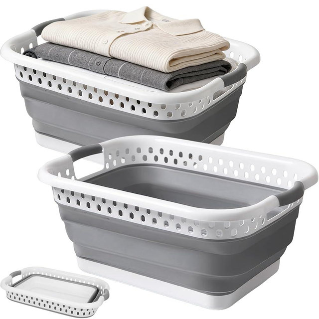 2 Pcs Collapsible Laundry Baskets, 11 Gallon 42L Collapsible Laundry Clothes Hamper, Foldable Laundry Hamper with Non-Slip Handles, Portable Space Saving Pop-Up Laundry Hamper Container (Grey-White)