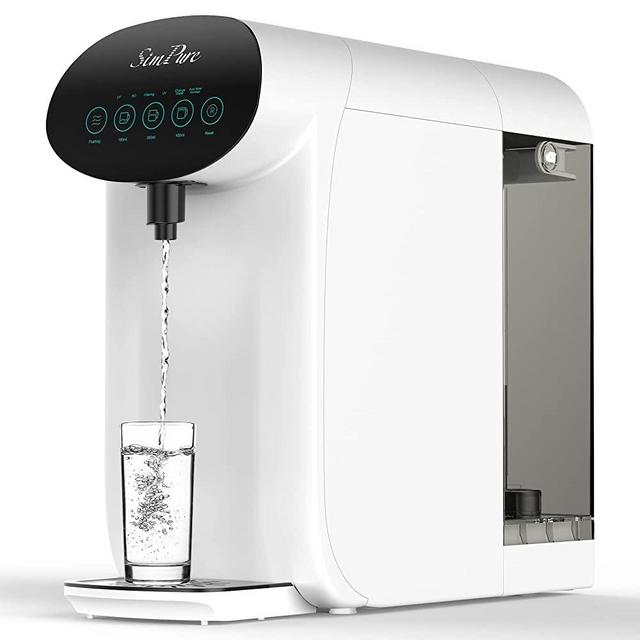 SimPure Y7P-W UV Countertop Reverse Osmosis Water Filtration Purification System, 4 Stage RO Water Filter, Bottleless Water Dispenser, 4: 1 Pure to Drain, BPA Free (No Installation Required)