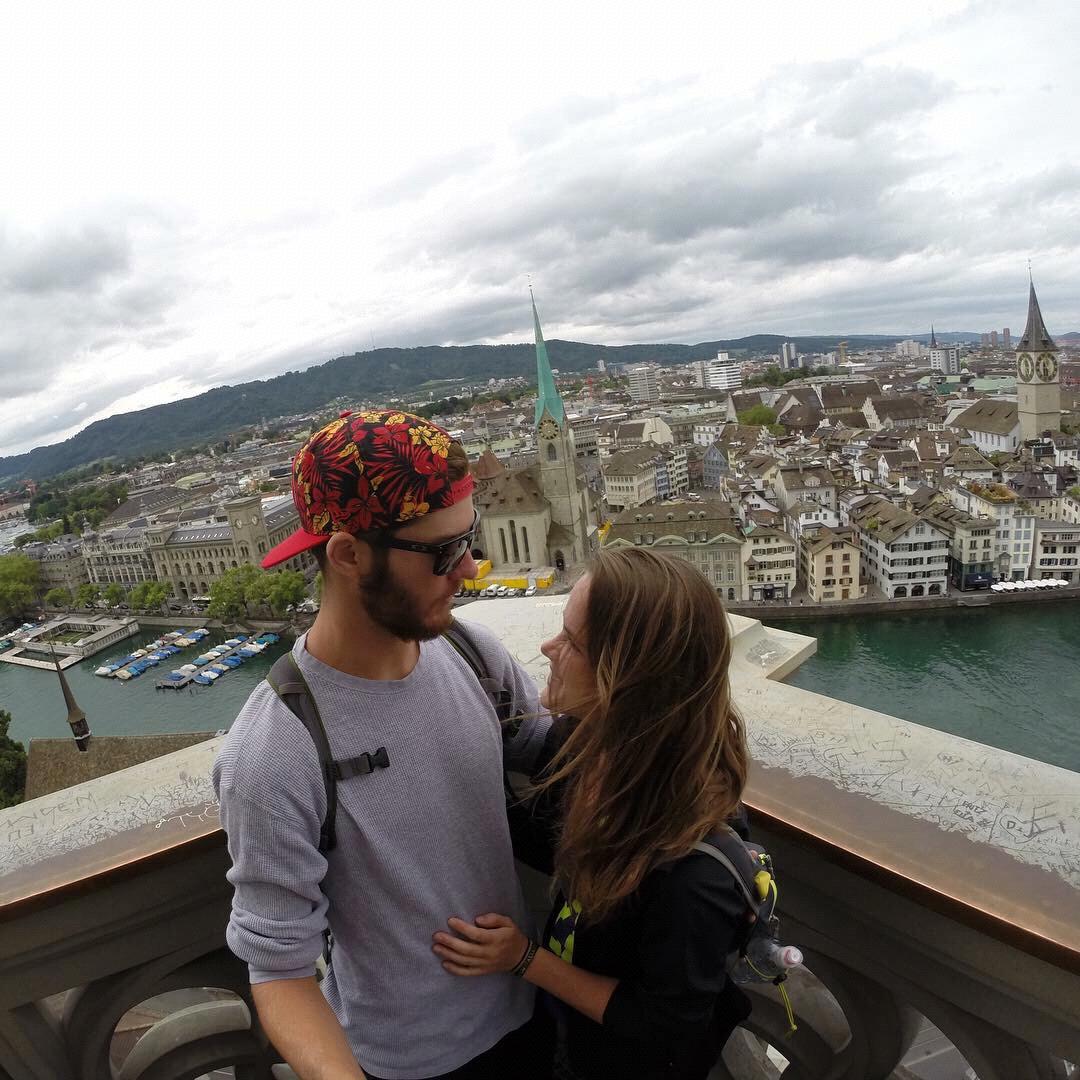 Taking in the sights of Zurich, Switzerland from the top of the Grossmunster Protestant church.
