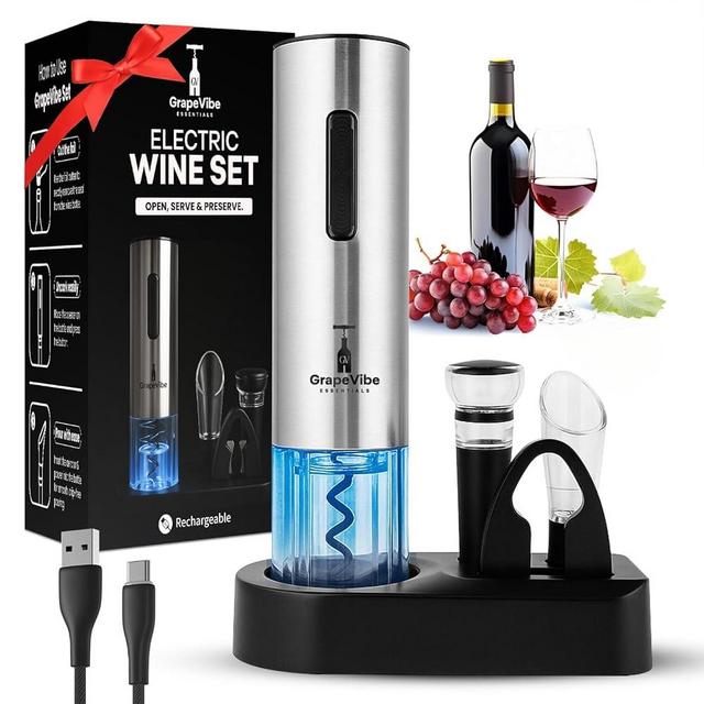 GrapeVibeEssentials 5-in-1 Electric Wine Opener gift Set – Rechargeable Automatic Wine Bottle Opener with Charging Base, Foil Cutter, Aerator Pourer & Vacuum Stoppers