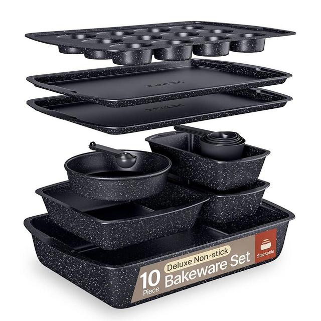 Gray Marble 10-Piece Bakeware Sets, Nonstick Carbon Steel Baking Sheet & Pans, Stackable Space-Saving Bakeware, Dishwasher Safe, Stain-resistant, PFOAPFOSPTFE Free, Oven Safe Up To 450°F (230°C)