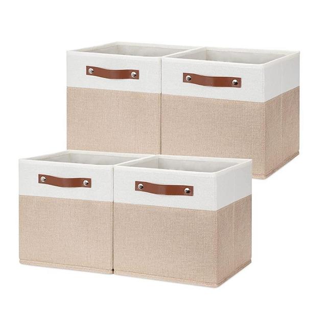 HNZIGE Foldable Storage Cubes Bins for Organization Set of 4, Fabric Cube Storage Bins 11 x11, Collapsible Storage Bins Basket Cube with Handles for Organizing Shelf Home Nursery(White Beige)