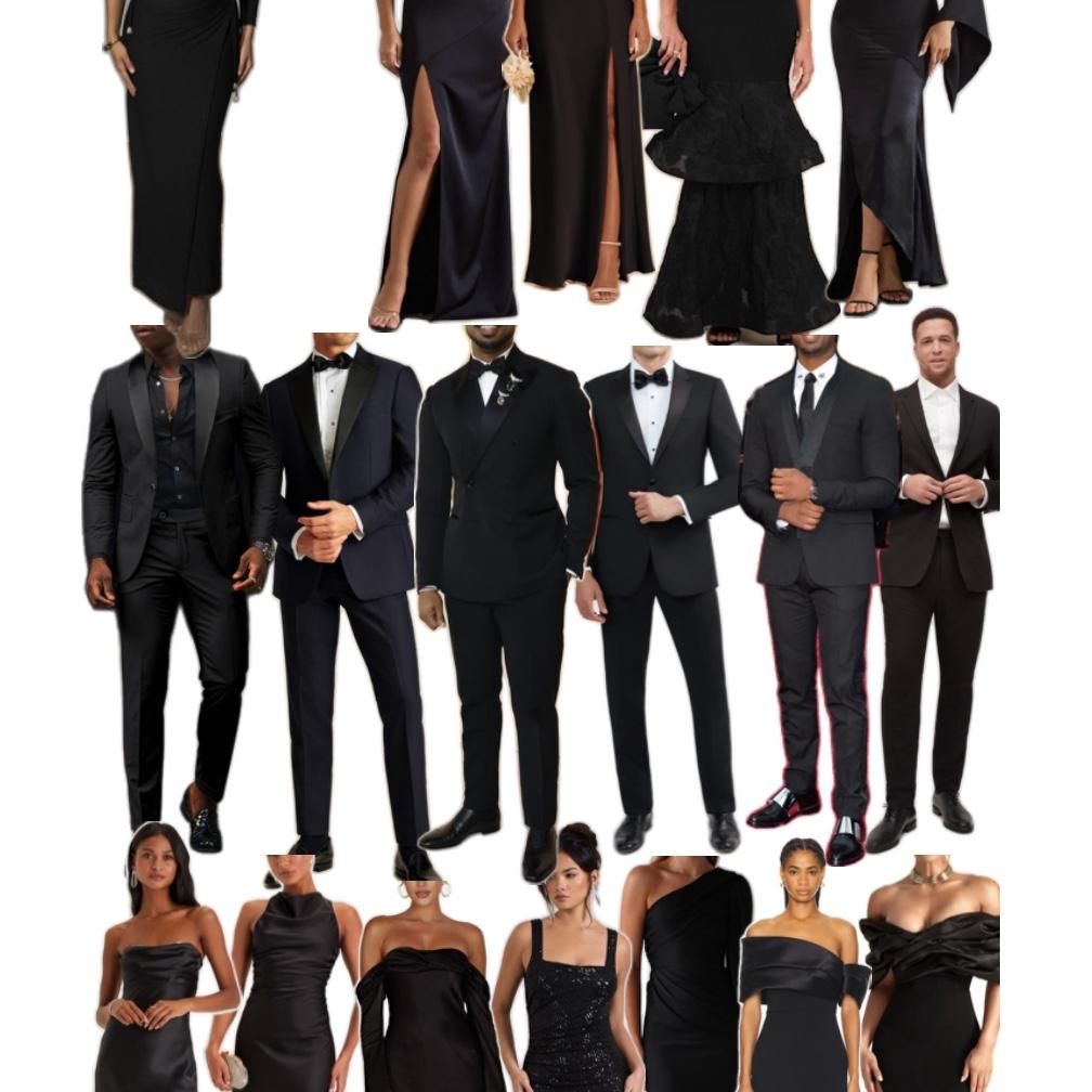 Wedding Ceremony /Reception  6/14/2026  Color Palette: Ultra Black‑Tie
Fabrics: silk, satin, velvet, crepe, beading, or couture‑style detailing