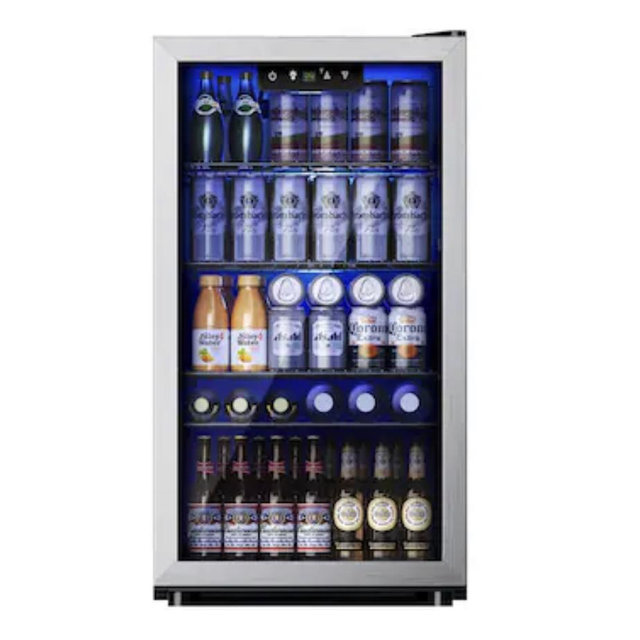 SIMZLIFE 17.3-in W 130 -Can Capacity Silver Freestanding Indoor Beverage Refrigerator with Glass Door