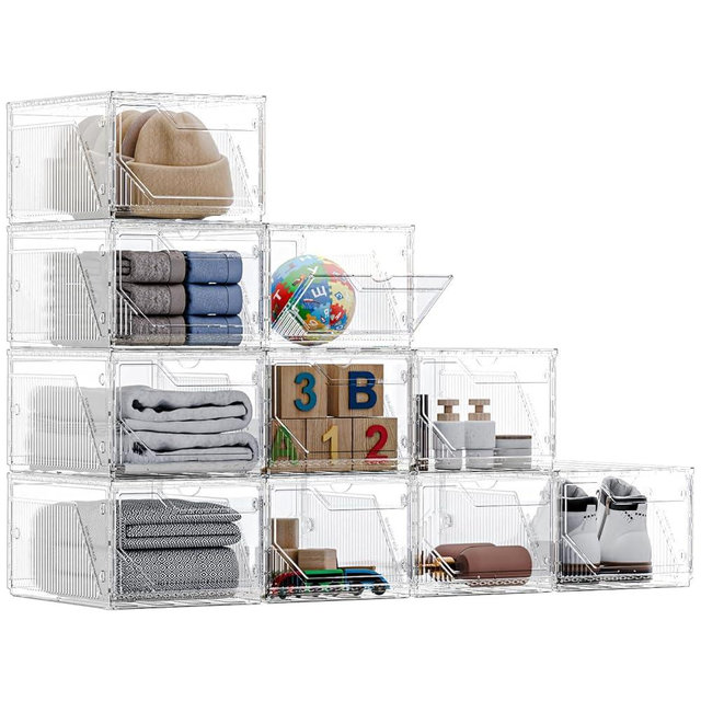 Yashong 10 Pack Upgraded XX-Large Closet Organizers and Storage with Magnetic Door, New structure is more stable, Thicken & Sturdy Clear Stackable Interconnectable Shoe Box for Entryway, Under Bed