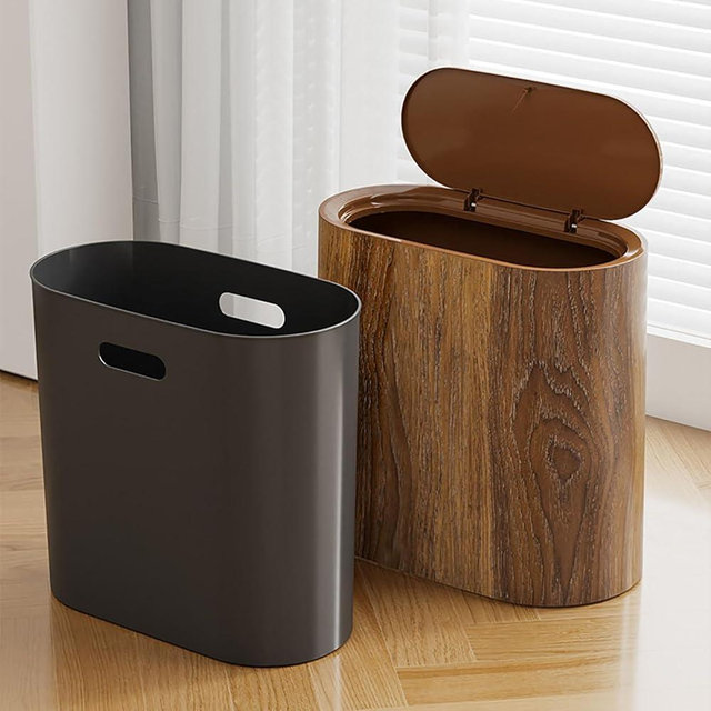 Plastic Waste Basket for Bathroom with Lids, Marble Wood Pattern Trash Can, Garbage Can with a Lid, Narrow Bathroom Trashcan with Lid, Modern Wastebaskets for Home Indoor Hotel