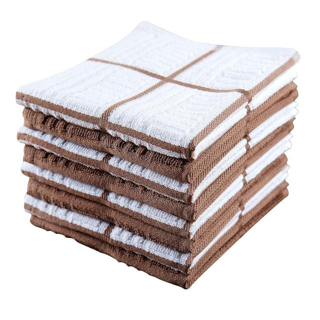 Kitchen Towels Dishcloths 100% Cotton, Set of 8, Brown and White Dish Cloth Towels, Tea Towels, Reusable and Absorbent Cleaning Cloths, Oeko-Tex Cotton, 12 in x 12 in