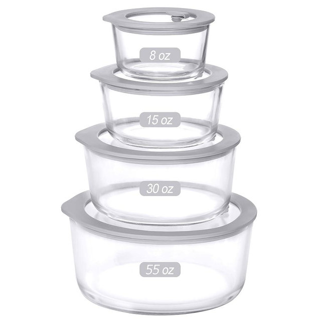 EcoEvo Glass Food Containers with Glass Lid, Microwave Safe Glass Food Storage Container, Large 4 Pack Round Shape, Glass Food Containers with Lids, Glass Meal Prep containers with Leak Proof Lid.