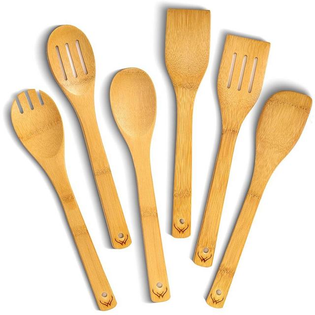 Woodlands-USA Wooden Spoons for Cooking - 6-Piece Wooden Kitchen Utensil Set - Natural Material Bamboo Spatula & wooden cooking utensils - Wooden Spatulas & Wooden Spoons Cooking Tools Set