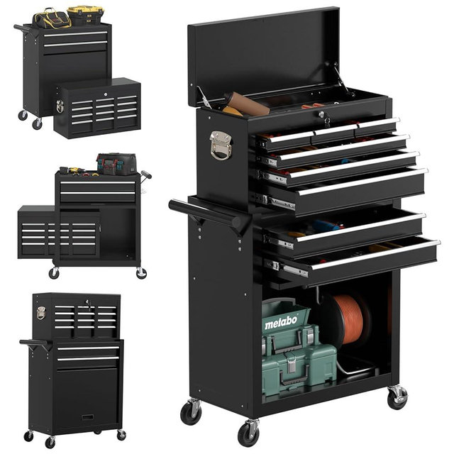 Granper 8 Drawer High Capacity Rolling Tool Chest, Metal Tool Box with Wheels and Drawers, Detachable Toolbox with Lock, Heavy Duty Tool Cabinet for Workshop, Warehouse and Garage (Black)