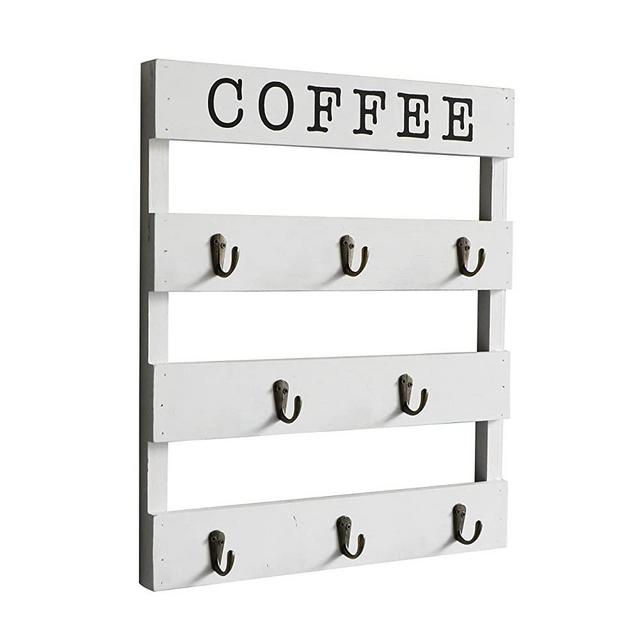 EMAISON Coffee Mug Holder 17 x 13 Inches Wall Mounted Rustic Wood Cup Organizer with 8 Hooks for Home, Kitchen Display Storage and Collection (White)