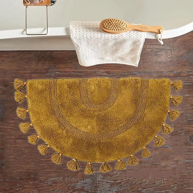 Half Circle Boho Bathroom Rug with Tassels 100% Cotton Hand-Woven Bath Mat Non Slip Absorbent Bath Rugs with Rug Pad Washable Boho Bath Mat Carpet for Tub, Shower 20"x32"
