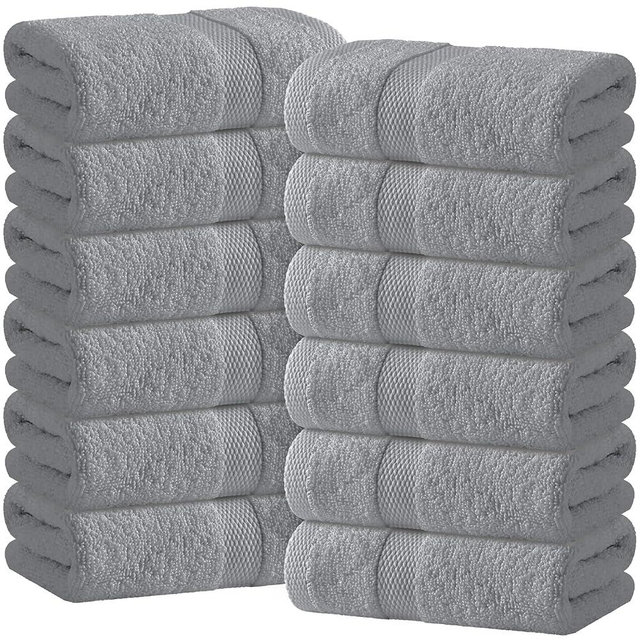 White Classic Light Gray Hand Towels for Bathroom [12 Pack] Cotton Hand Towel Bulk for Gym, Kitchen and Spa, 16x27 Inches Soft Highly Absorbent Quick Dry Terry Salon Towels