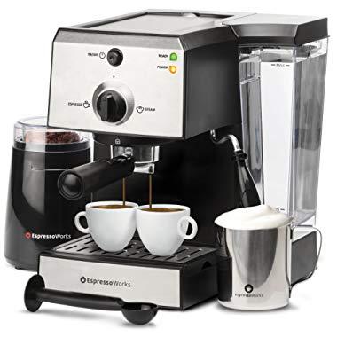 EspressoWorks 7 Pc All-In-One Espresso Machine & Cappuccino Maker Barista Bundle Set w/Built-In Steamer & Frother (Inc: Coffee Bean Grinder, Milk Frothing Cup, Spoon/Tamper & 2 Cups), Stainless Steel