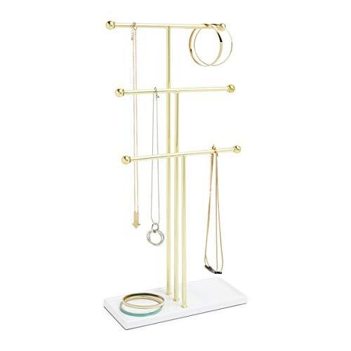 Umbra Trigem Hanging Jewelry Organizer – 3 Tier Table Top Necklace Holder and Display, Brass