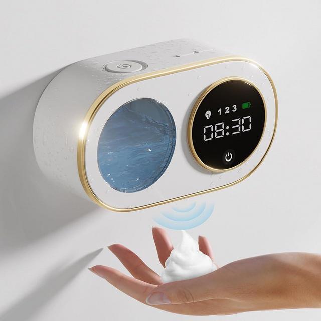 Wladipw Automatic Soap Dispenser Touchless HD LED Time Display Foaming Soap Dispenser Wall Mount Rechargeable Auto Smart Hand Soap Dispenser for Bathroom Kitchen (White)