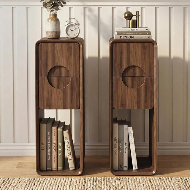Narrow Walnut Nightstand Set of 2, Small Bedside Table with Circular Drawer, Skinny Side End Table, Mid Century Modern Night Stand, Bedroom, Wood, Small Spaces, Slim