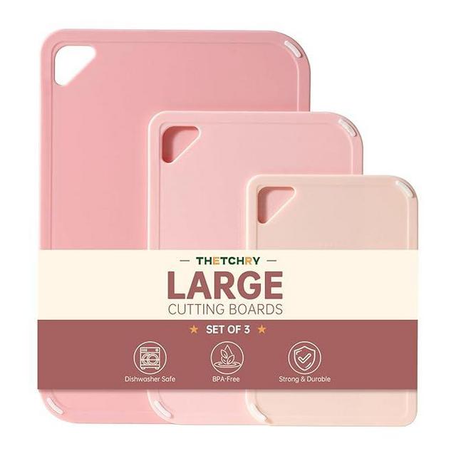 THETCHRY Plastic Cutting Board Set, Pink Cutting Board with Non-slip, Cutting Board for Kitchen Set of 3, Dishwasher Safe, BPA Free, Reversible, with Grip Handle, Pink