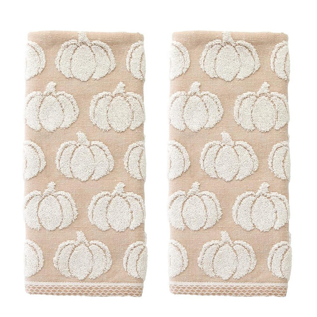 SKL Home Autumn/Fall/Thanksgiving Pumpkin Jacquard 100% Cotton Reversible 2pc Hand Towel Set, Soft & Absorbent, Decorative for Bath/Kitchen/Bar & Gift, Tan