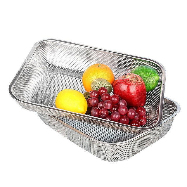 Cedilis 2 Pack Large Stainless Steel Colander Strainer, 6 Quart Mesh Vegetable Washing Basket, Rectangle Drainer Sink Basket for Vegetable Fruit Food (15" x 11" x 2.6")