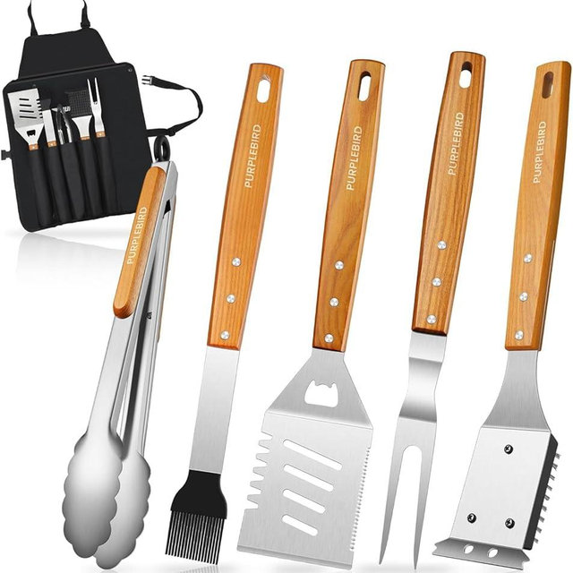 PURPLEBIRD Grill Utensils Set with Brush - 5pcs Grilling Tools Set with Bag Apron, Heavy Duty BBQ Tool Sets with Long Wood Handle, Stainless Grilling Accessories for Outdoor Grill
