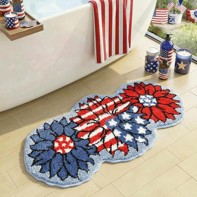 Mocsicka 4th of July Bathroom Rug, Non-Slip 250 Anniversary Patriotic Sunflower Bathroom Mat Machine Washable Tufted Independence Mat, Outdoor Soft Absorbent Rug (Red and Blue, 18x36 inch)