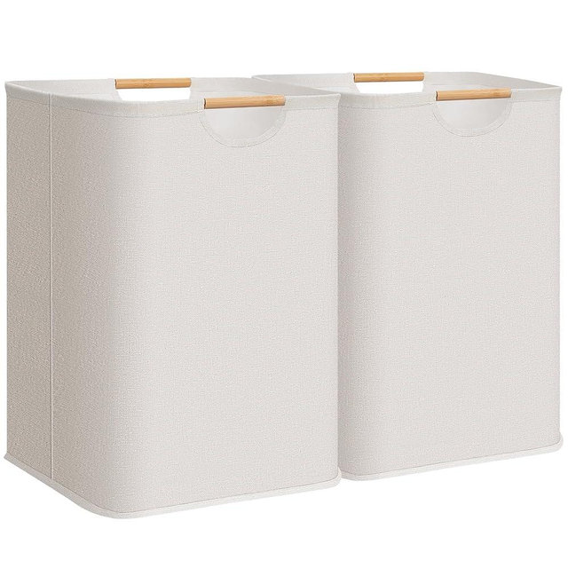 STORAGE MANIAC 2-Pack Large Laundry Hamper, 100L (26.4 Gal) Collapsible Laundry Basket with Bamboo Handles, Freestanding Waterproof Clothes Hamper for Laundry Room, Bedroom, Dorm, Towels, Toys, White