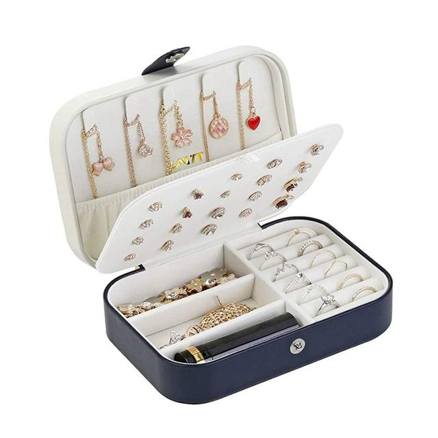 LATIT Jewelry Box for Women Girls, PU Leather Small Compact Jewelry Case Travel Jewelry Organizer Display Storage Holder Boxes for Ring Earrings Necklace Bracelet Bangle Watch,Navy