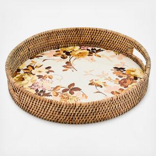 Wild Rose White Enamel & Rattan Round Serving Tray