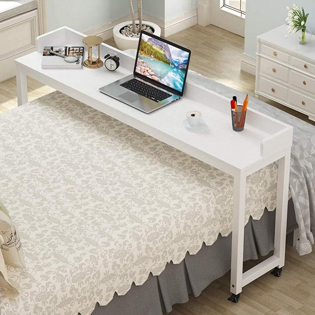 Tribesigns Overbed Table with Wheels, Unadjustable Queen Size Mobile Desk with Heavy-Duty Metal Legs, Height Can't Adjust (White)