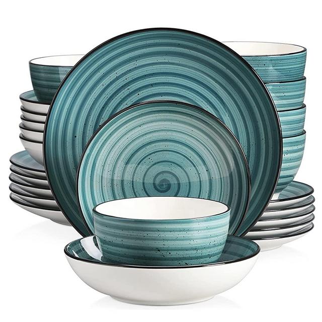 vancasso Bonbon Green Dinnerware Set 24 Pieces Stoneware Dinnerware Set, Handpainted Spirals Pattern Ceramic Combination Set with Dinner Plate/Dessert Plate/Soup Plate/Bowl, Service for 6