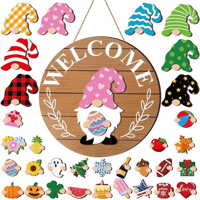 Qunclay Interchangeable Wooden Gnome Decor Holiday Seasonal Gnome Decorations with 15 Magnet Pieces and 15 Detachable Hats Gnome Changeable Welcome Sign for Home