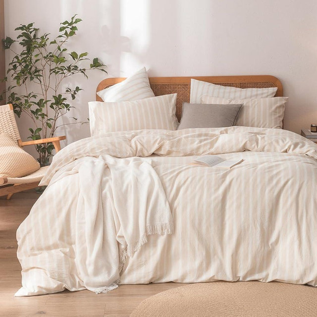 BESTOUCH Duvet Cover Set 100% Washed Cotton Linen Feel Super Soft Comfortable Chic Lightweight 3 PCs Home Bedding Set Almond Grey & White Stripes Queen