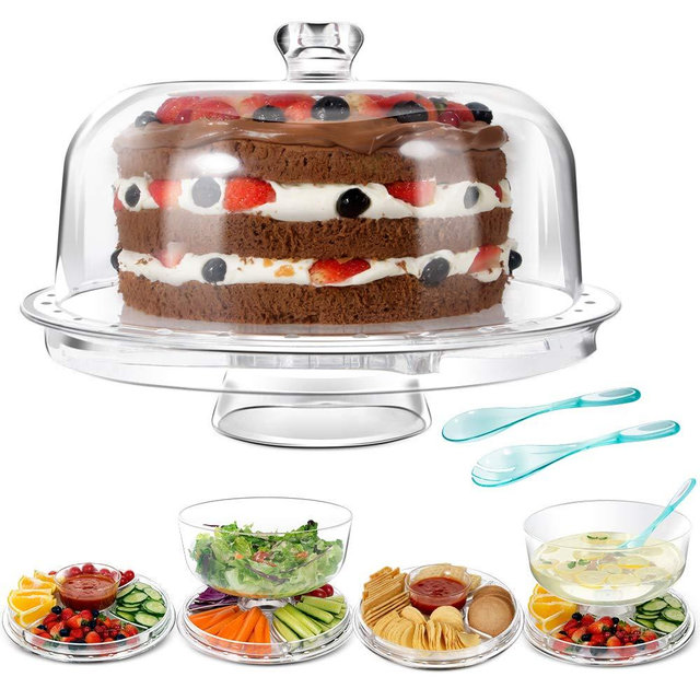 Mastertop Big Size 6-in-1 Acrylic Plastic Cake Stand with Domed Cover and 2Pcs Spoons and Multifunction Desserts Salad Plate Bowl 12.6X6.6X12.6In