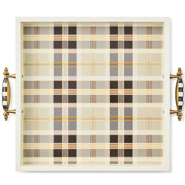 MACKENZIE-CHILDS Resin Serving Tray with Handles, Decorative Food Tray for Entertaining, Brown-and-White Mocha Tartan