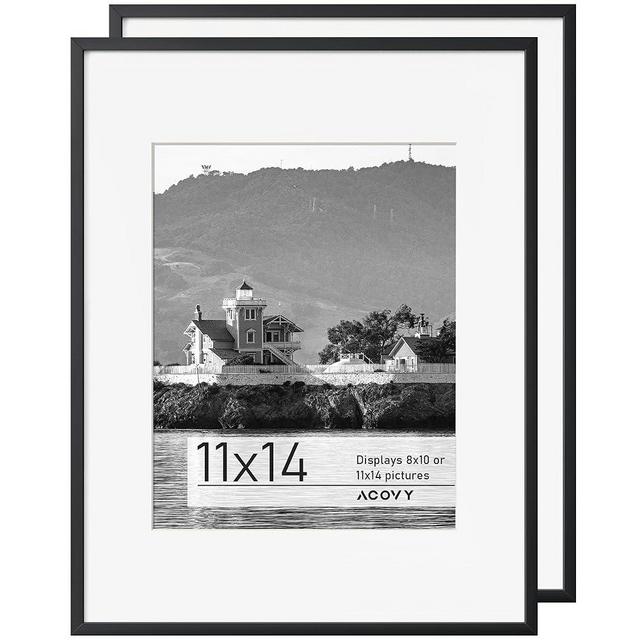 Acovy, 11x14 Aluminum Picture Frame with White Color Mat for 8x10, HD Tempered Glass, Metal Poster Frame Photo Frame for Wall Display (Black, Pack of 2)
