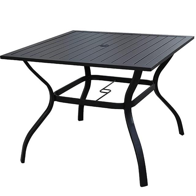LOKATSE HOME 37" x 37" Patio Dining Table Square Outdoor Metal Steel Frame with Umbrella Hole, Black