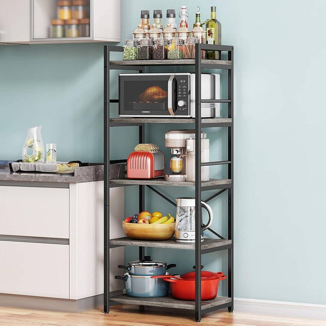 Denkee 5-Tier Bakers Rack for Kitchen with Storage, Industrial Microwave Stand Shelf, Coffee Bar for Small Spaces, Free Standing Kitchen Storage Shelf Rack, 23.62" L x 15.75" W x 60.24" H, Grey