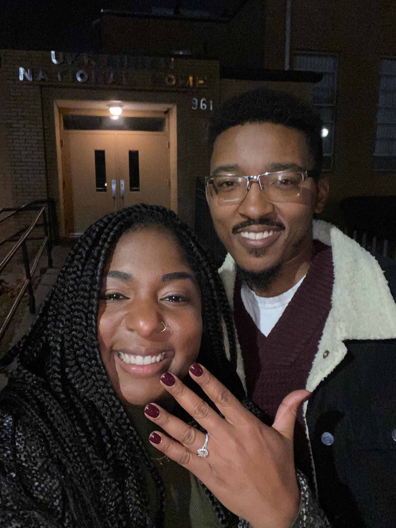Newly engaged! Standing in front of the Ukrainian Lodge in Hartford, CT where we met in Fall 2013.